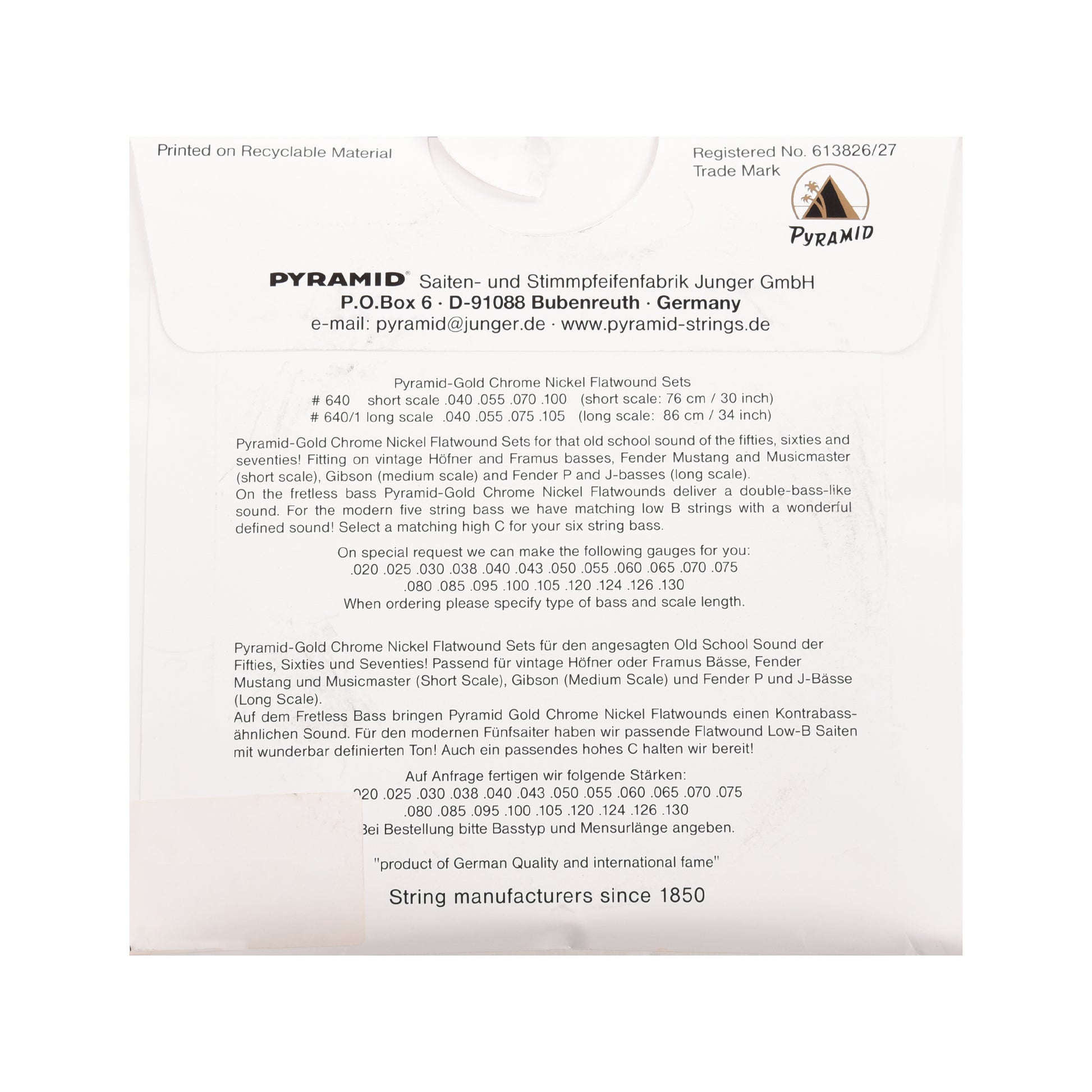 Pyramid Gold Flatwound Short Scale Bass Guitar Strings 40-100 Accessories / Strings / Bass Strings