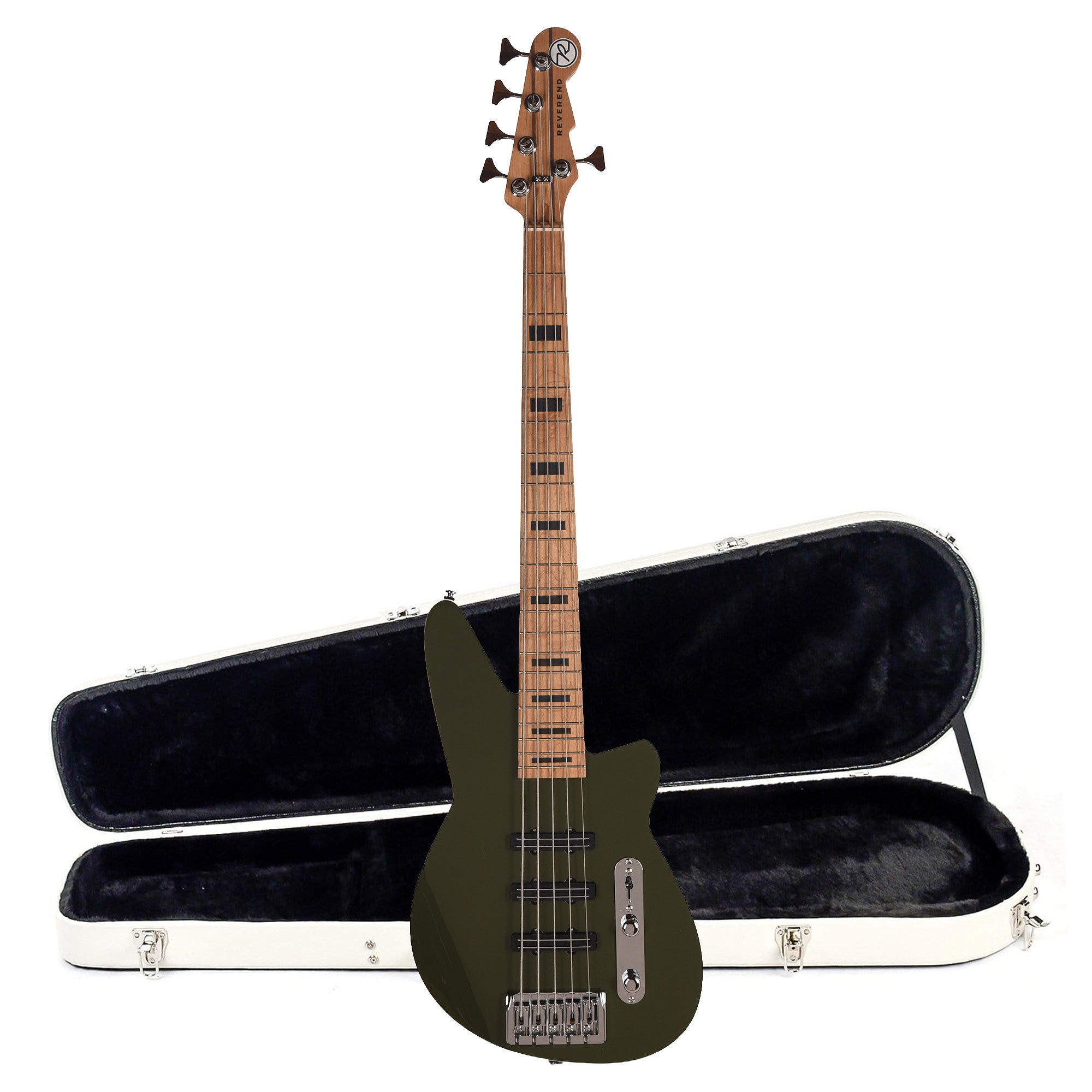 Reverend Triad 5 5-String Bass Guitar Army Green and Teardrop Two Tone Case Bundle Bass Guitars