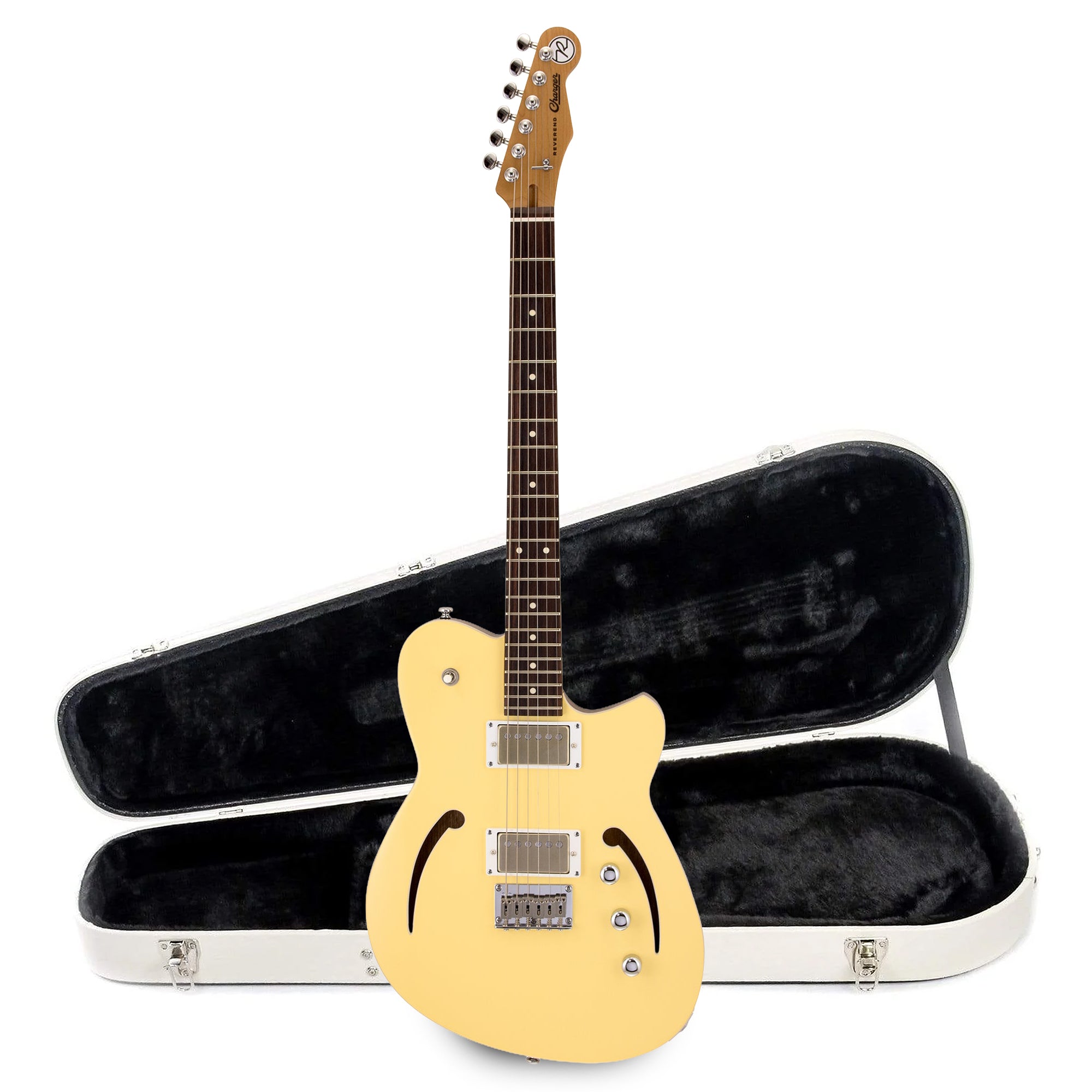 Reverend Charger Air HH Electric Guitar Powder Yellow and Teardrop Two Tone Case Bundle Electric Guitars