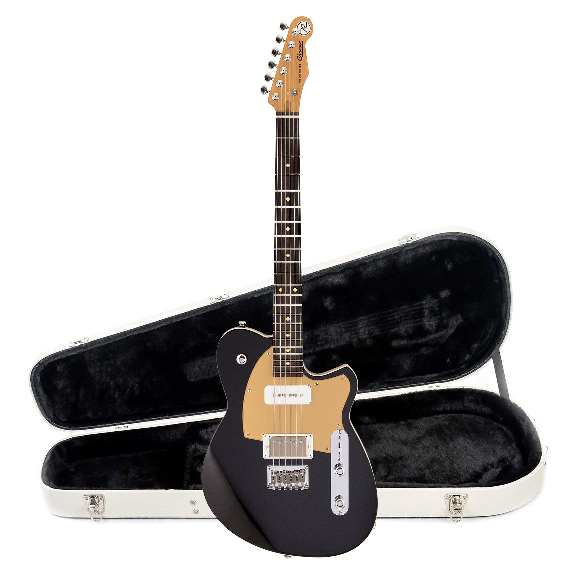 Reverend Charger H90 Electric Guitar Midnight Black and Teardrop Two Tone Case Bundle Electric Guitars