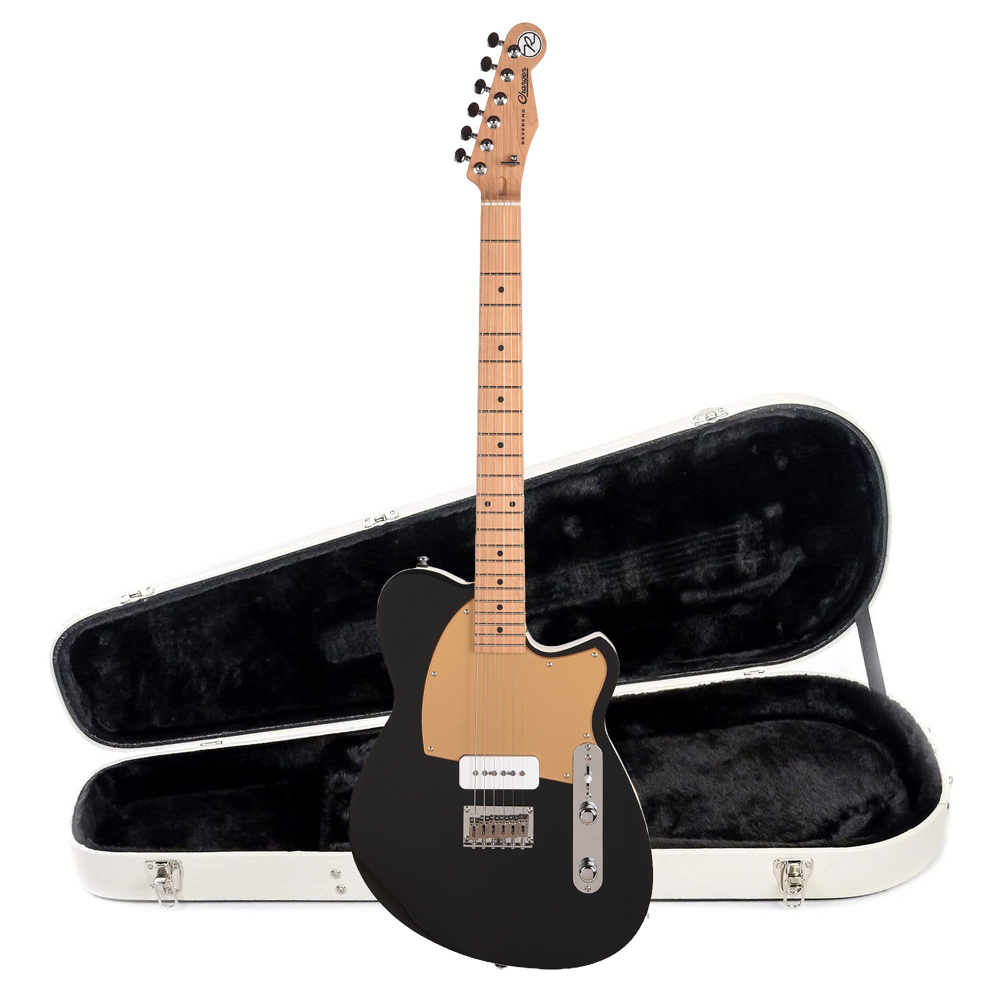 Reverend Charger JR Electric Guitar Midnight Black and Teardrop Two Tone Case Bundle Electric Guitars