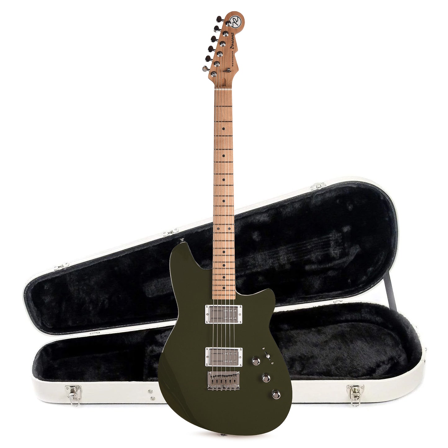 Reverend Descent Baritone Electric Guitar Army Green and Teardrop Two Tone Case Bundle Electric Guitars
