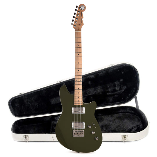 Reverend Descent Baritone Electric Guitar Army Green and Teardrop Two Tone Case Bundle Electric Guitars