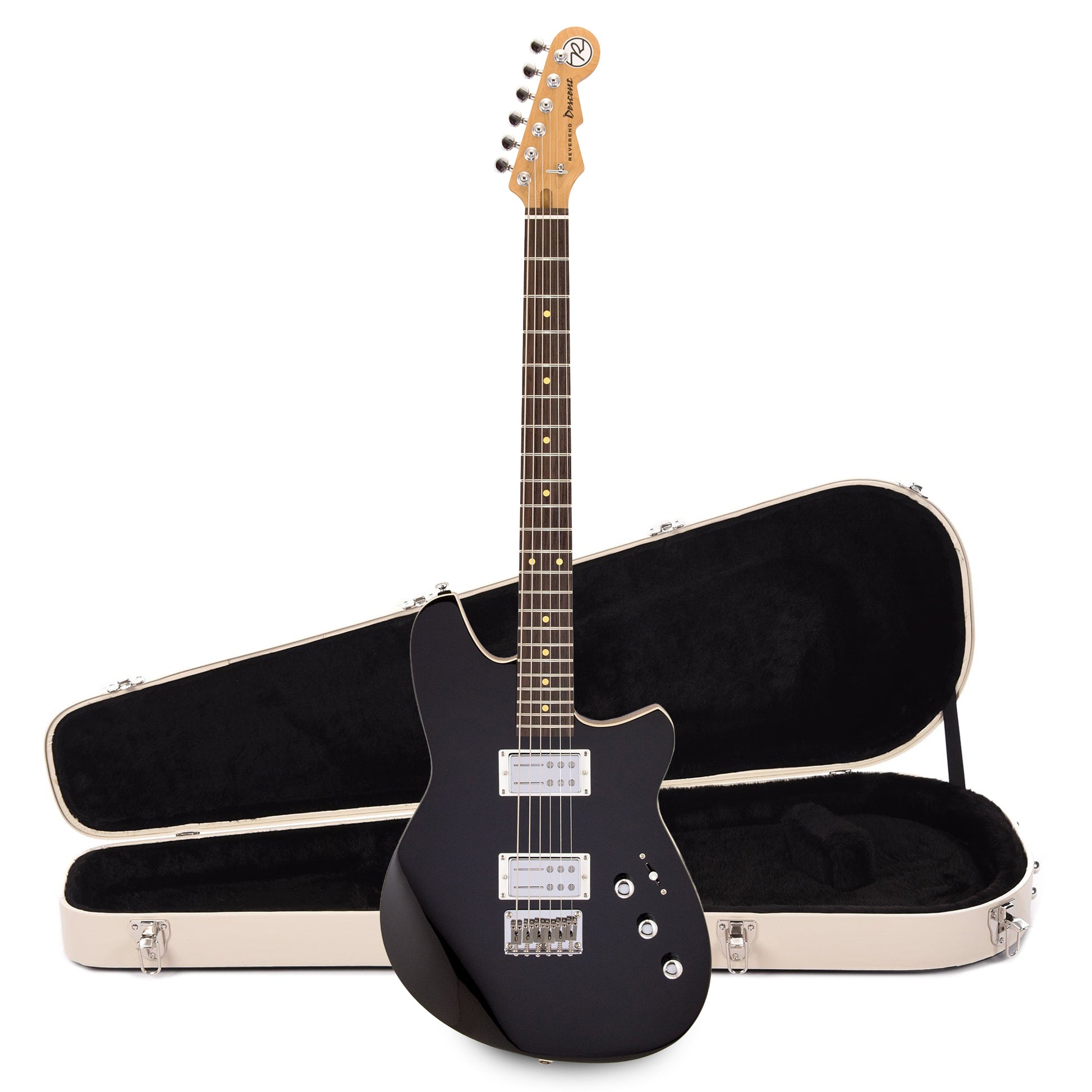 Reverend Descent Baritone Electric Guitar Midnight Black and Teardrop Two Tone Case Bundle Electric Guitars