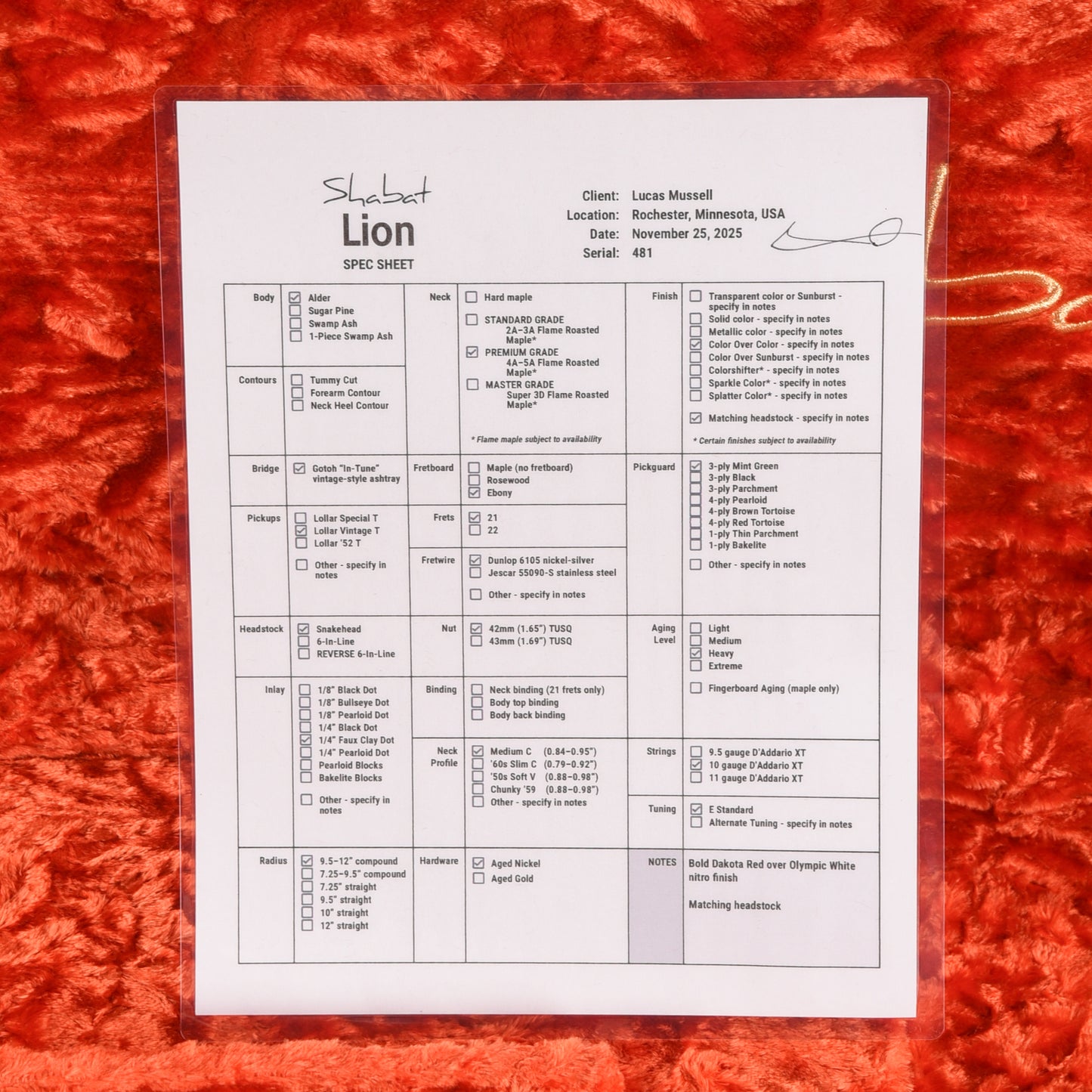 Shabat Lion Dakota Red Over White 2025 Electric Guitars / Solid Body