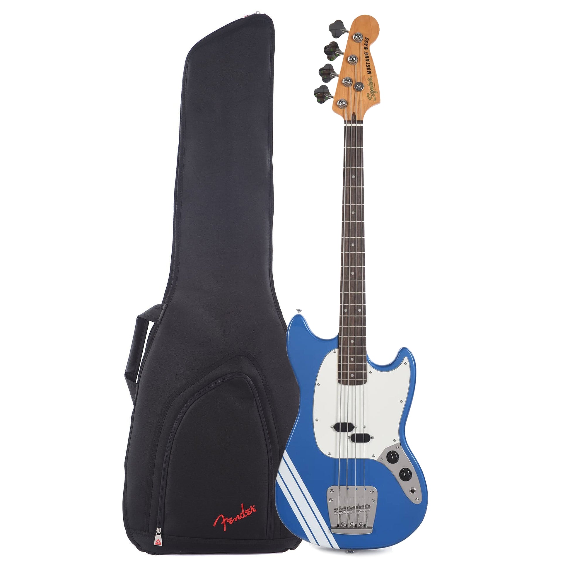 Squier Classic Vibe '60s Competition Mustang Bass Lake Placid Blue w/Olympic White Stripe and FBSS-610 Short Scale Bass Gig Bag Bundle Bass Guitars / 4-String