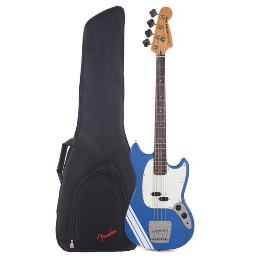 Squier Classic Vibe '60s Competition Mustang Bass Lake Placid Blue w/Olympic White Stripe and FBSS-610 Short Scale Bass Gig Bag Bundle Bass Guitars / 4-String