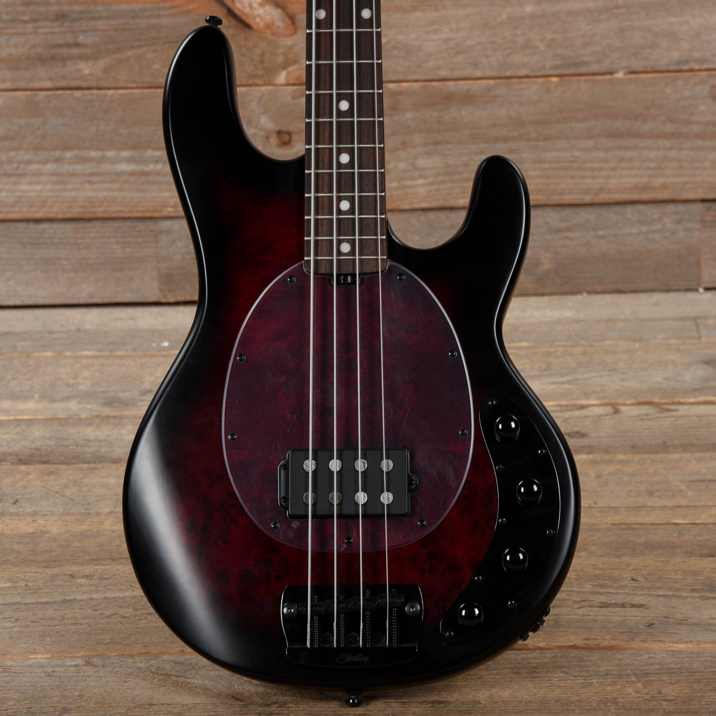 Sterling by Music Man StingRay RAY34 Poplar Burl Dark Scarlet Burst Satin Bass Guitars / 4-String