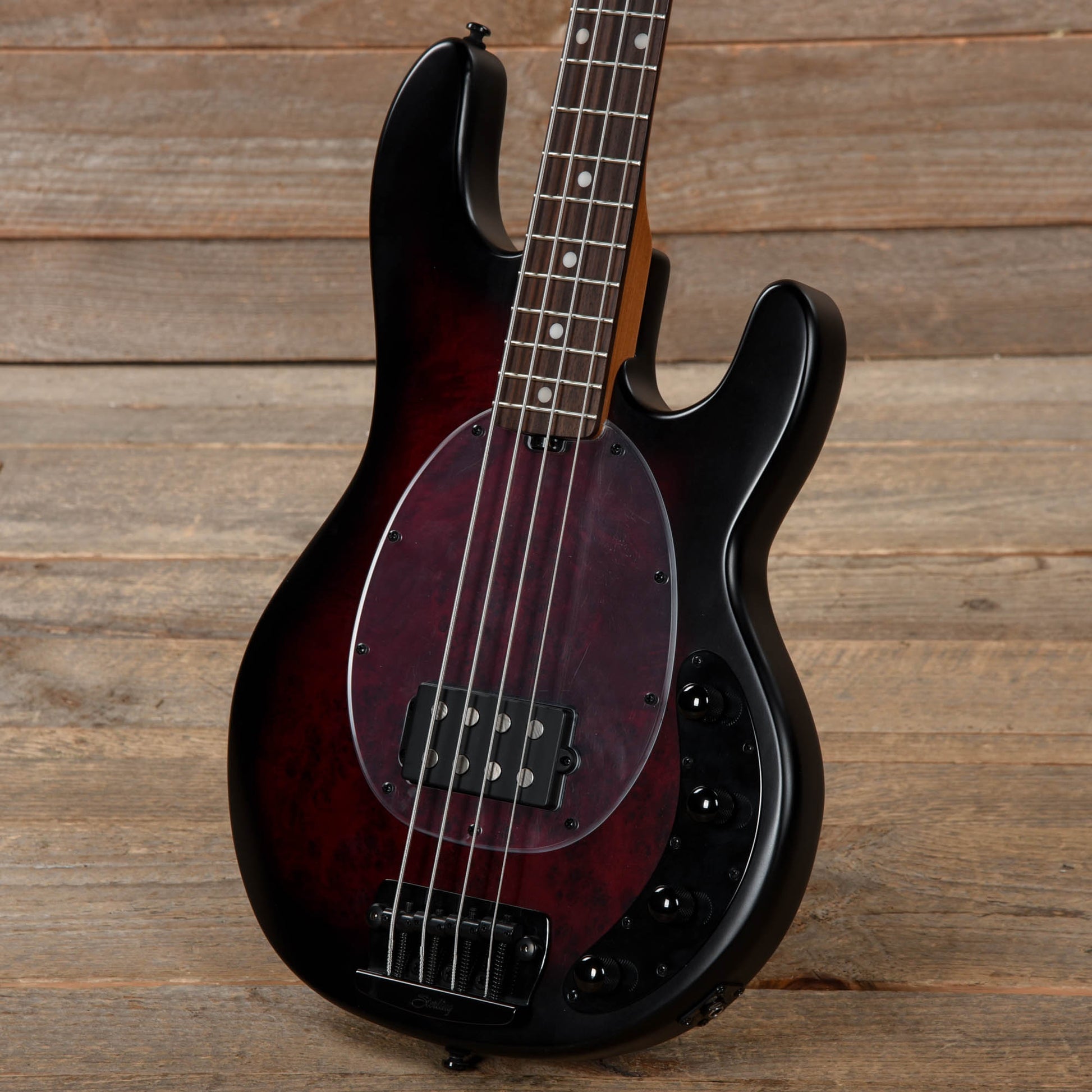 Sterling by Music Man StingRay RAY34 Poplar Burl Dark Scarlet Burst Satin Bass Guitars / 4-String