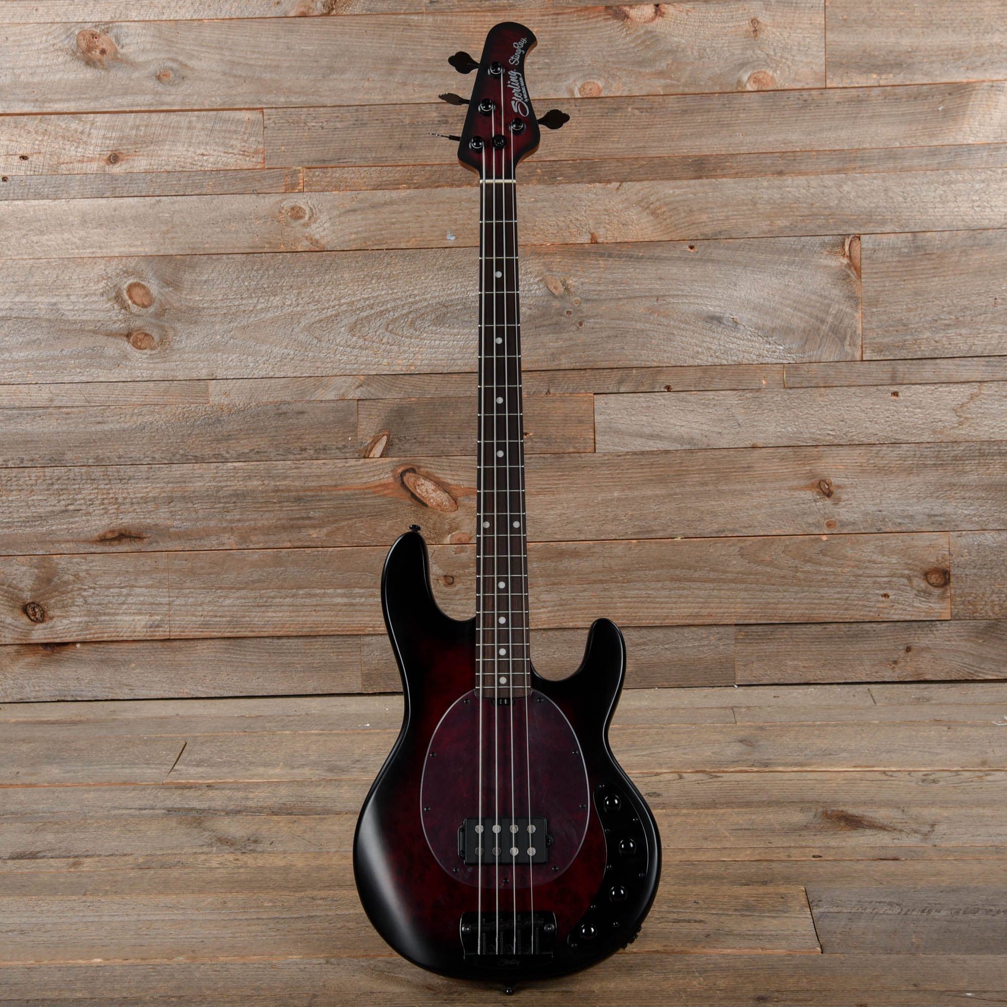 Sterling by Music Man StingRay RAY34 Poplar Burl Dark Scarlet Burst Satin Bass Guitars / 4-String