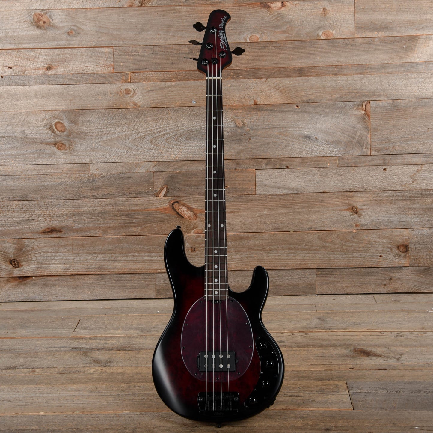 Sterling by Music Man StingRay RAY34 Poplar Burl Dark Scarlet Burst Satin Bass Guitars / 4-String
