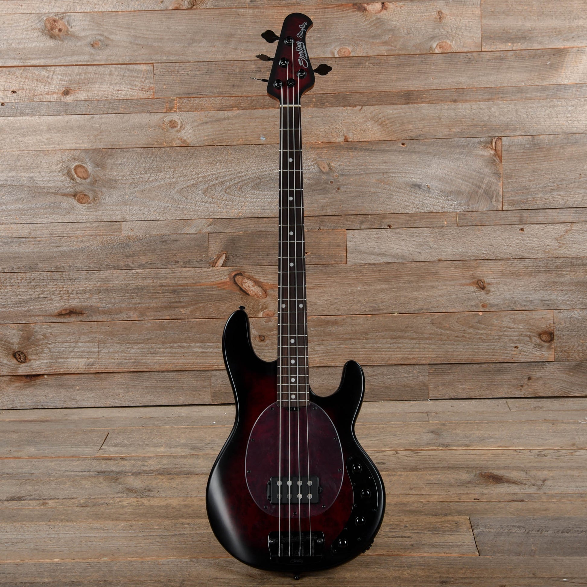 Sterling by Music Man StingRay RAY34 Poplar Burl Dark Scarlet Burst Satin Bass Guitars / 4-String