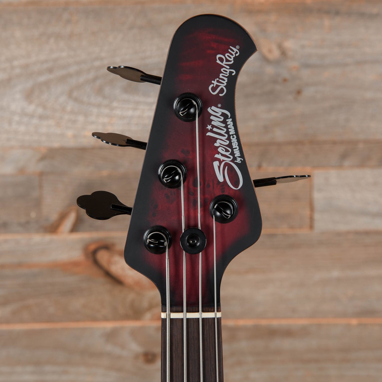 Sterling by Music Man StingRay RAY34 Poplar Burl Dark Scarlet Burst Satin Bass Guitars / 4-String