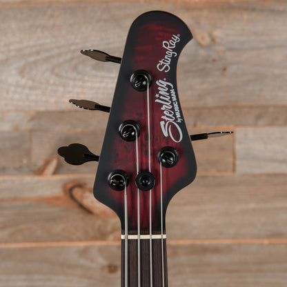 Sterling by Music Man StingRay RAY34 Poplar Burl Dark Scarlet Burst Satin Bass Guitars / 4-String