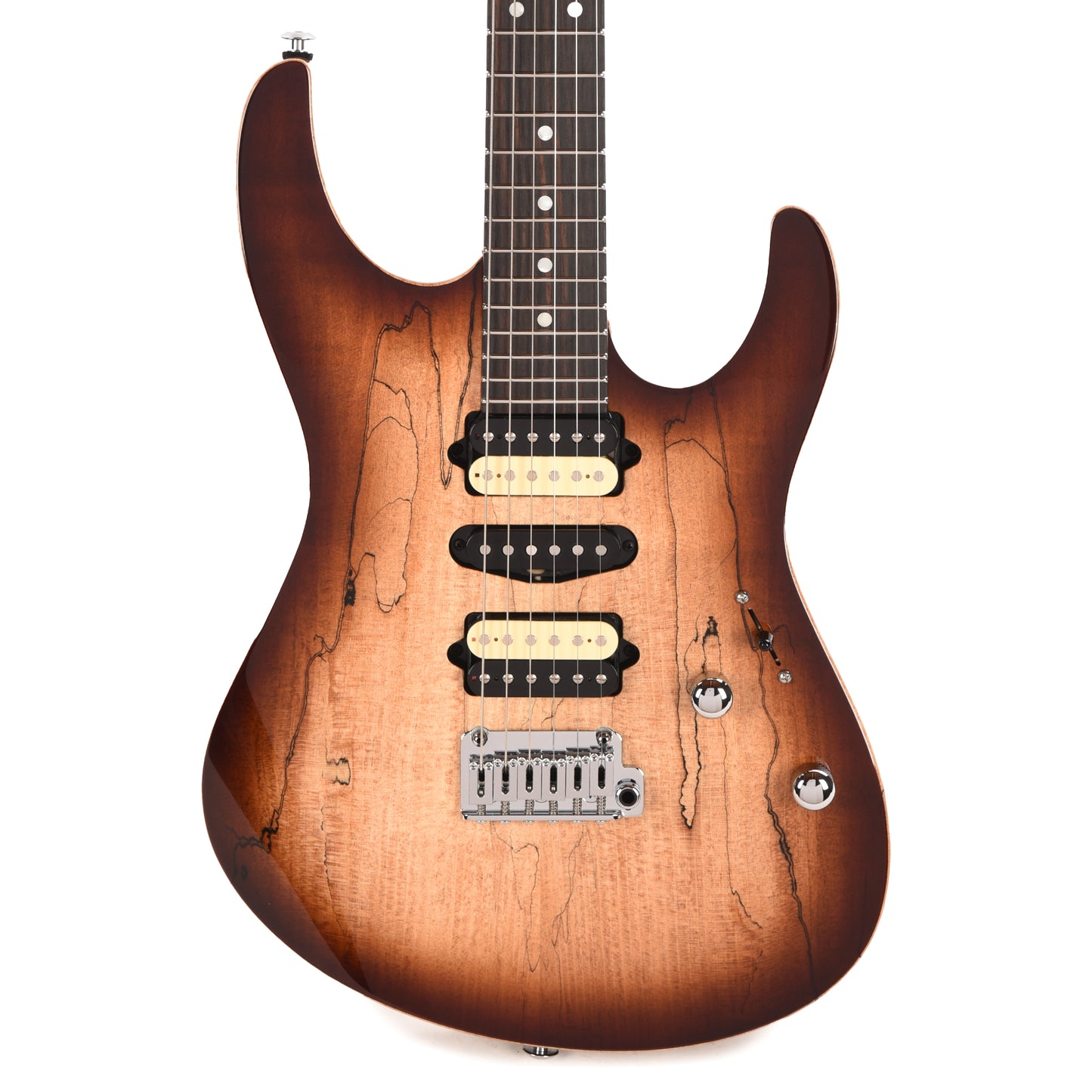Suhr Custom Modern HSH Spalted Maple/Mahogany Dark Brown Burst w/Roasted Flame Maple Neck Electric Guitars / Solid Body