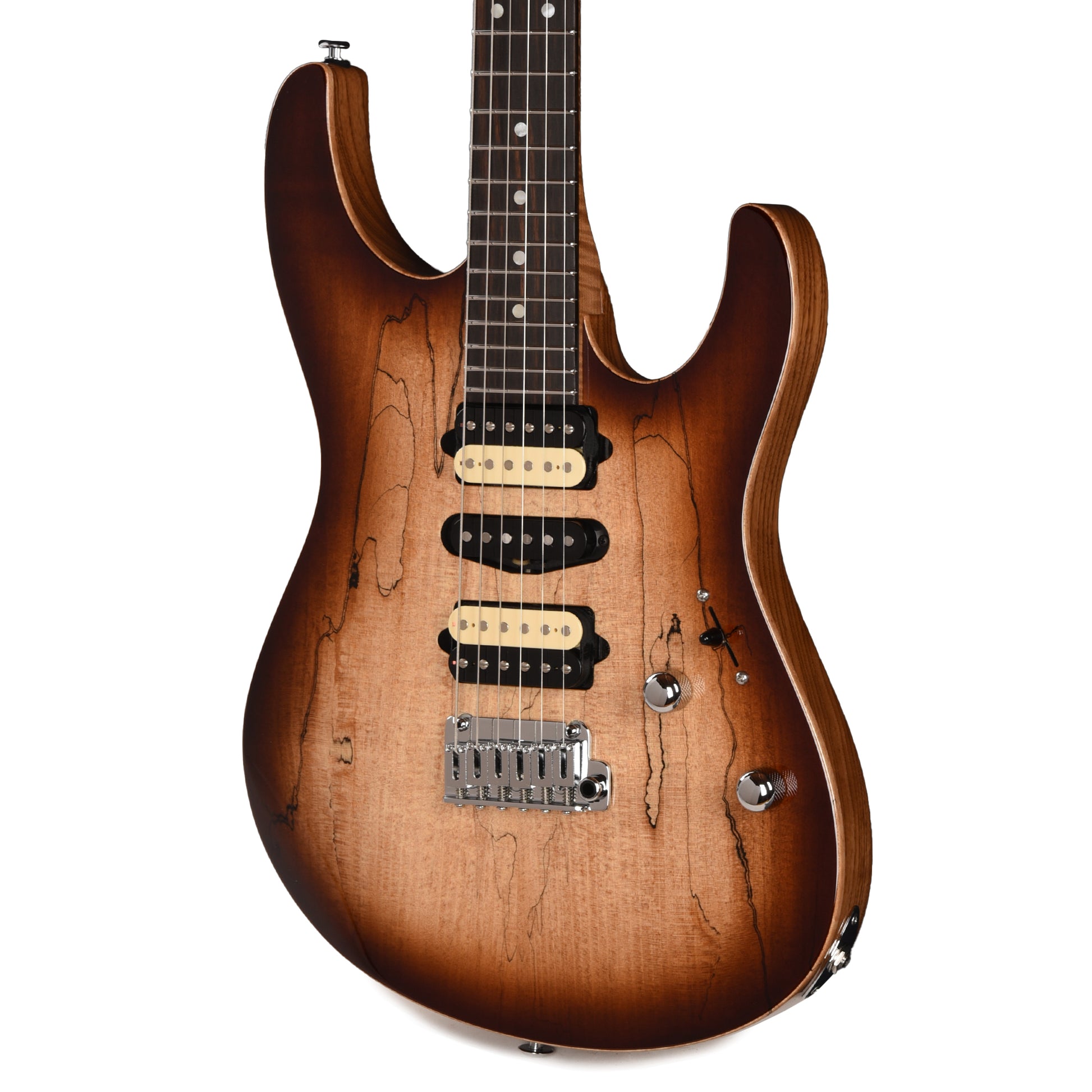 Suhr Custom Modern HSH Spalted Maple/Mahogany Dark Brown Burst w/Roasted Flame Maple Neck Electric Guitars / Solid Body