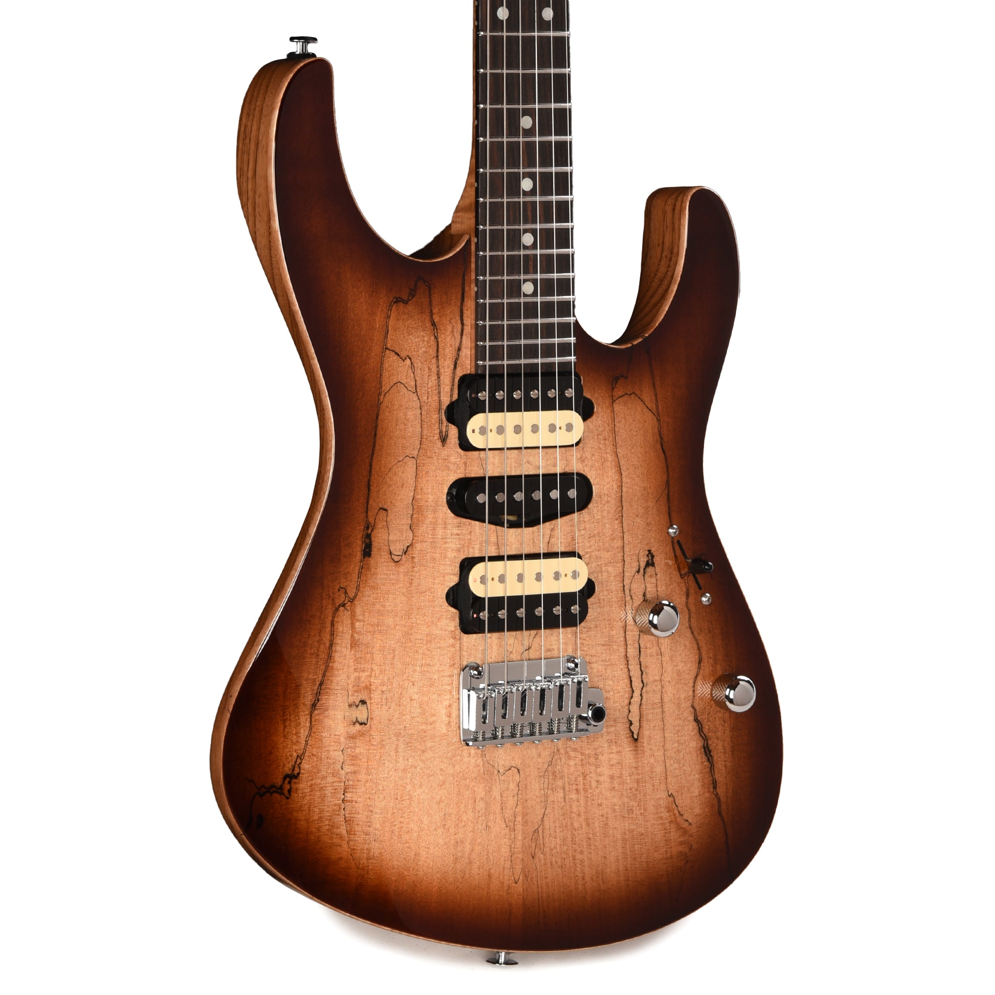 Suhr Custom Modern HSH Spalted Maple/Mahogany Dark Brown Burst w/Roasted Flame Maple Neck Electric Guitars / Solid Body