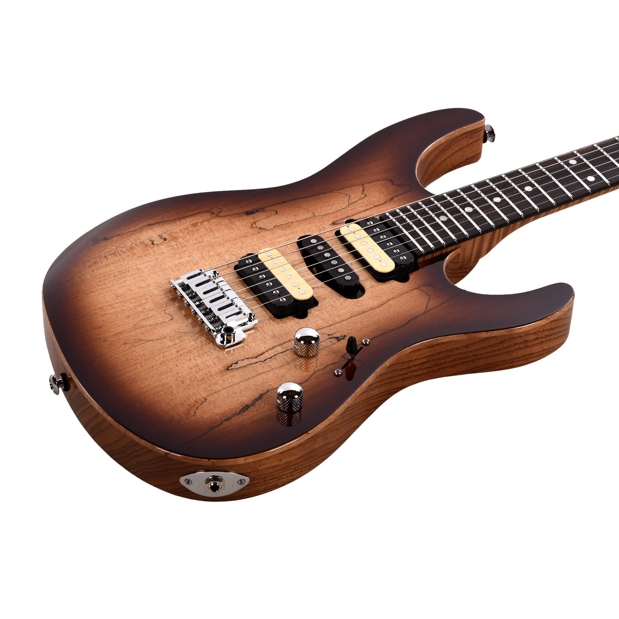 Suhr Custom Modern HSH Spalted Maple/Mahogany Dark Brown Burst w/Roasted Flame Maple Neck Electric Guitars / Solid Body