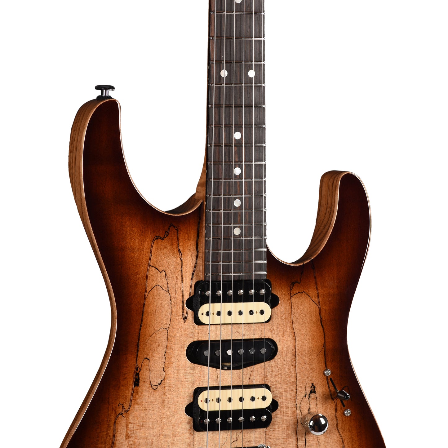 Suhr Custom Modern HSH Spalted Maple/Mahogany Dark Brown Burst w/Roasted Flame Maple Neck Electric Guitars / Solid Body