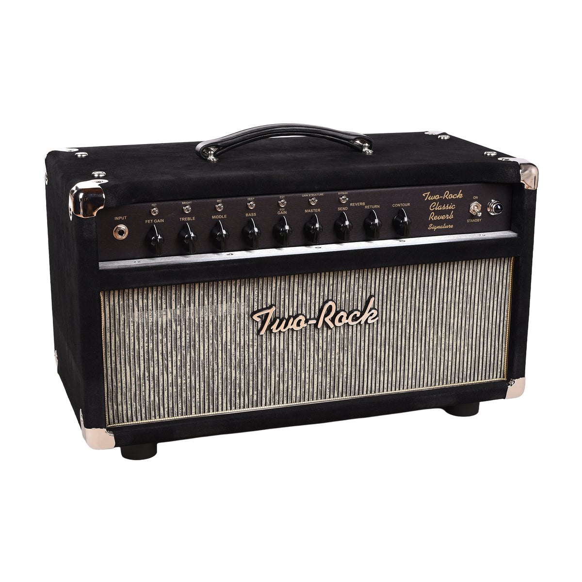 Two Rock Classic Reverb Signature 100w Head Black Suede & Black Chassis w/ Grey Pinstripe Cloth, Gold Piping & Lettering (CME Vault Exclusive) Amplifiers