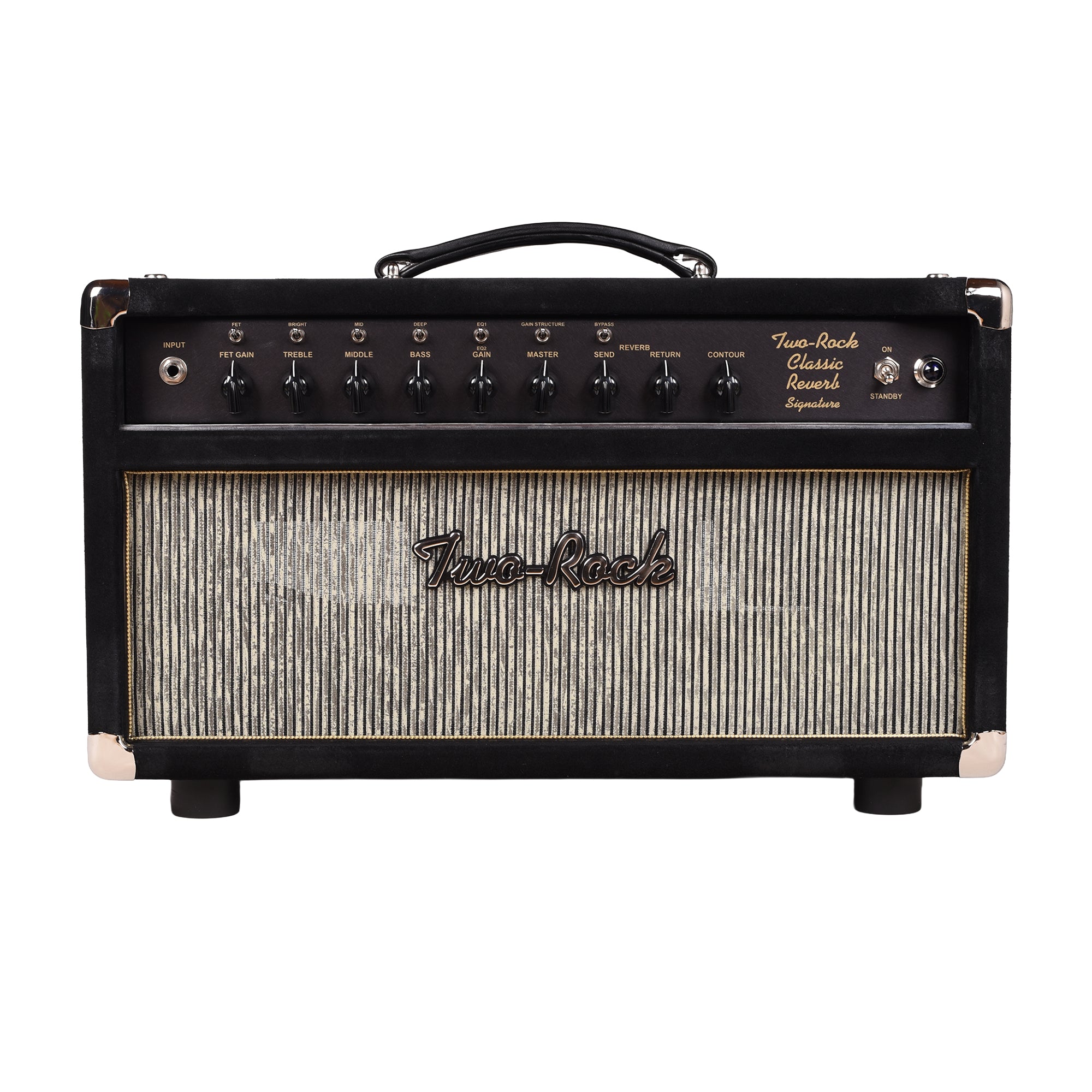 Two Rock Classic Reverb Signature 100w Head Black Suede & Black Chassis w/ Grey Pinstripe Cloth, Gold Piping & Lettering (CME Vault Exclusive) Amplifiers