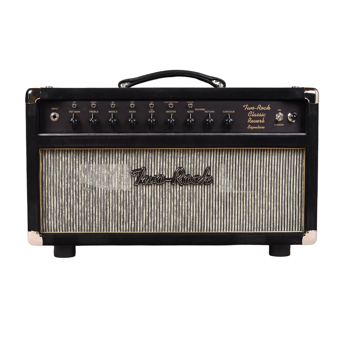 Two Rock Classic Reverb Signature 100w Head Black Suede & Black Chassis w/ Grey Pinstripe Cloth, Gold Piping & Lettering (CME Vault Exclusive) Amplifiers