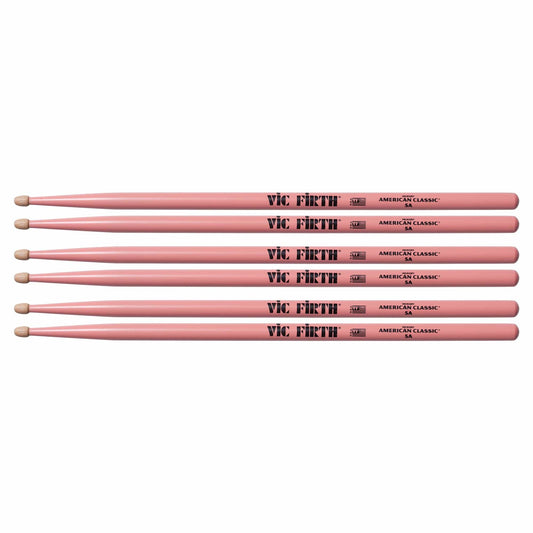 Vic Firth American Classic Pink 5A Wood Tip Drum Sticks (3 Pair Bundle) Drums and Percussion / Parts and Accessories / Drum Sticks and Mallets
