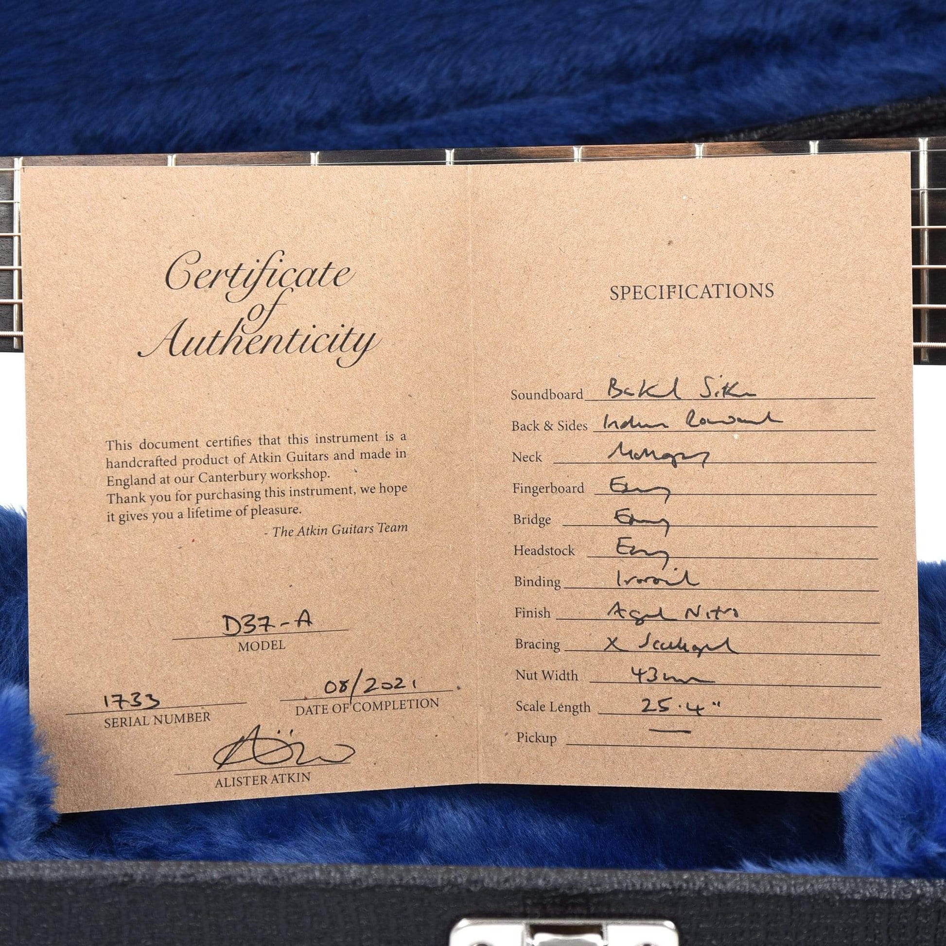 Atkin D37 Aged Baked Sitka/Rosewood Natural Acoustic Guitars / Dreadnought