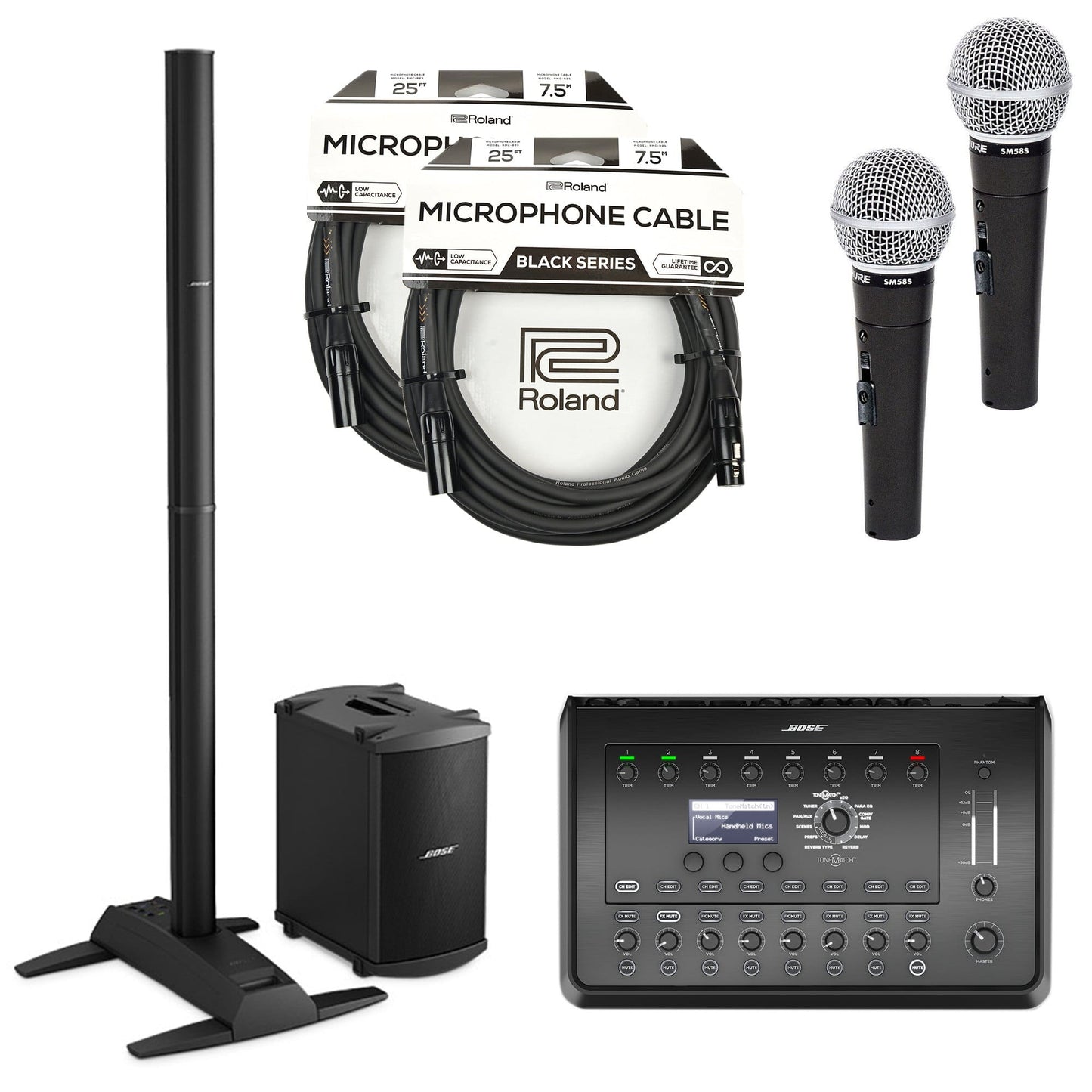 Bose L1 Model 1S B2 Bass Package PA System w/T8S ToneMatch Mixer, 2 SM58S Mics and XLR Cable Bundle Pro Audio / Portable PA Systems