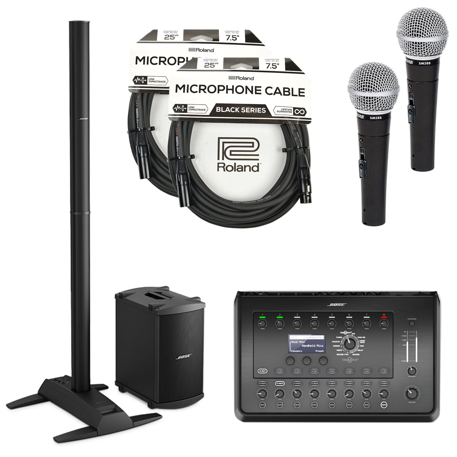 Bose L1 Model 1S B2 Bass Package PA System w/T8S ToneMatch Mixer, 2 SM58S Mics and XLR Cable Bundle Pro Audio / Portable PA Systems