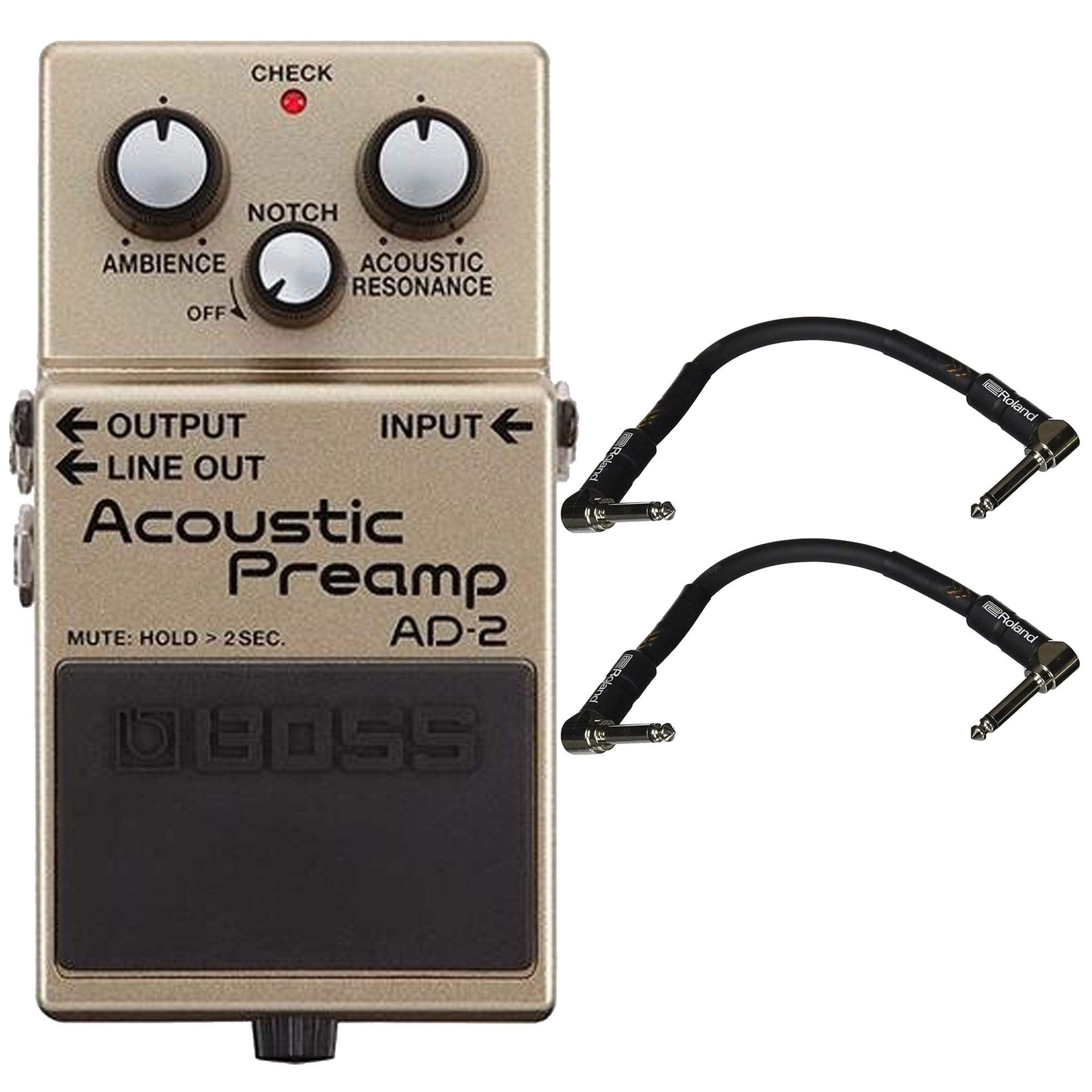 Boss AD-2 Acoustic Preamp Pedal Bundle w/ 2 Roland Black Series 6 inch Patch Cables Effects and Pedals / Compression and Sustain