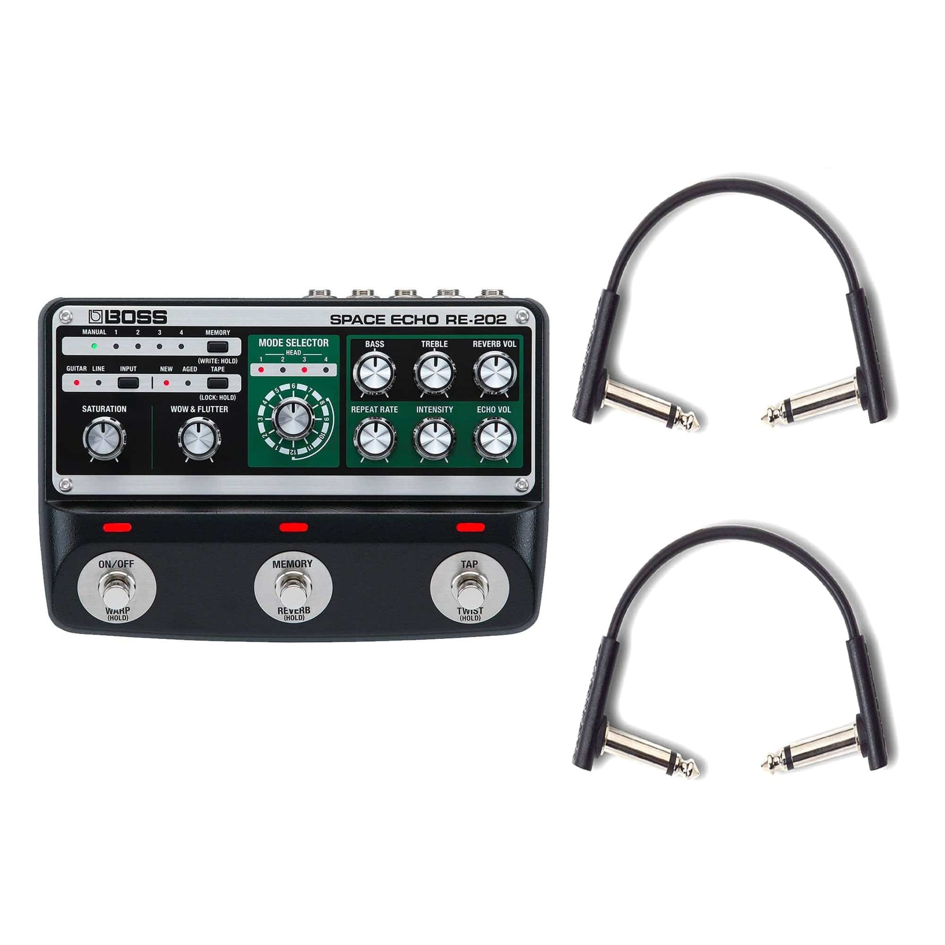 space delay pedal Boss RE-202 Space Echo Delay/Reverb Pedal w/(2) Rockboard Flat Patch Cables Bundle