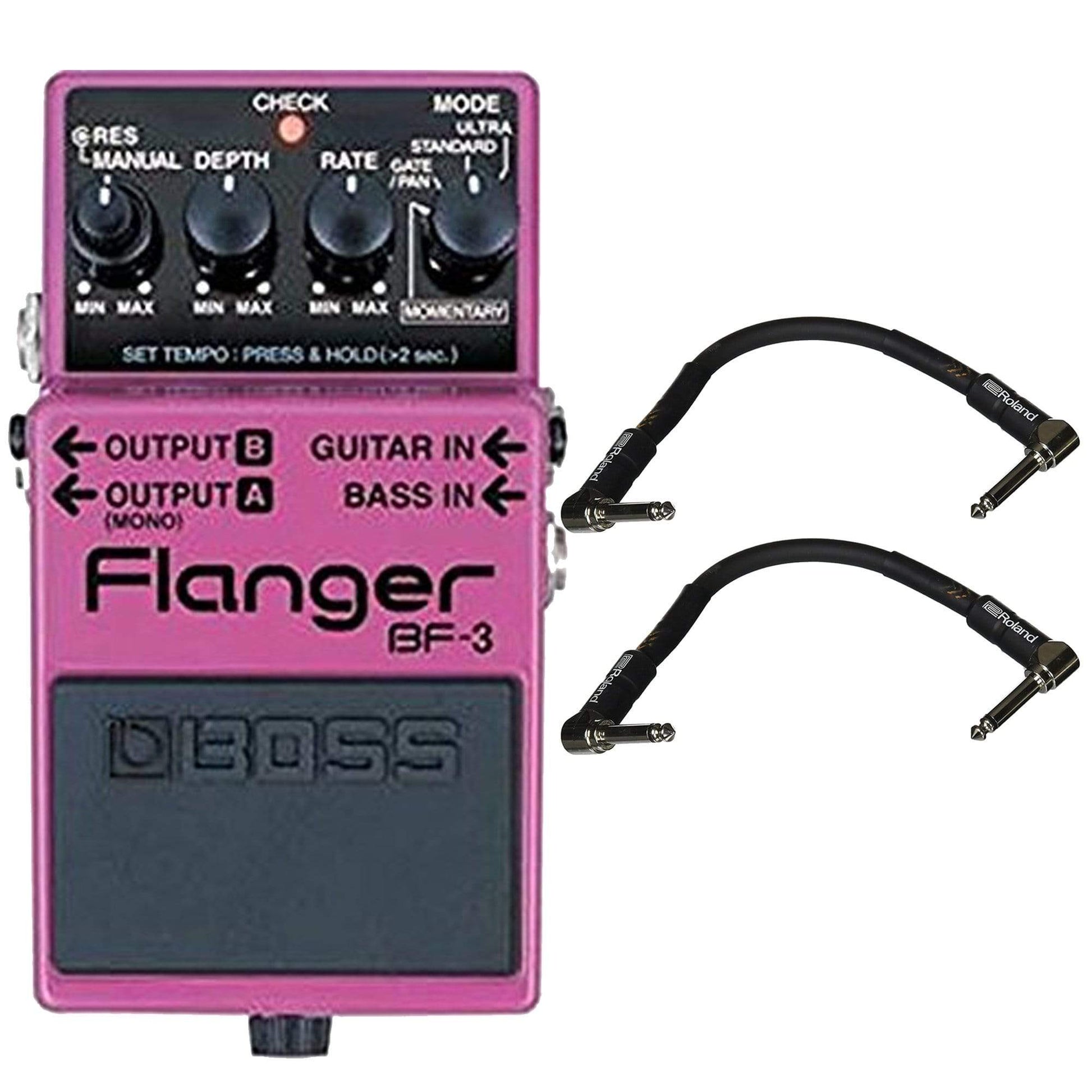 boss bf-3 flanger pedal Boss BF-3 Flanger Bundle w/ 2 Roland Black Series 6 inch Patch Cables