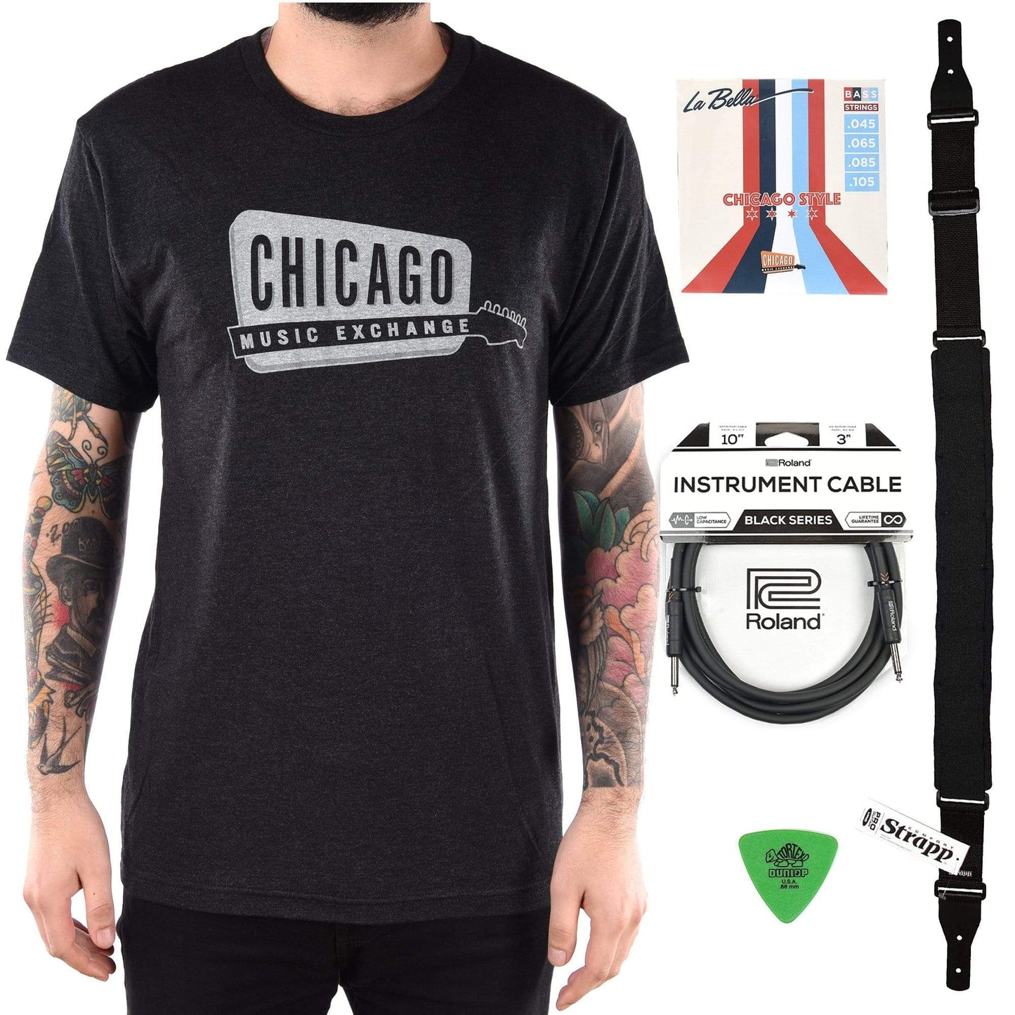CME Bass Accessories Bundle w/La Bella "Chicago Style" Strings 40-100 and CME T-Shirt Vintage Black Classic Logo Small Accessories / Straps