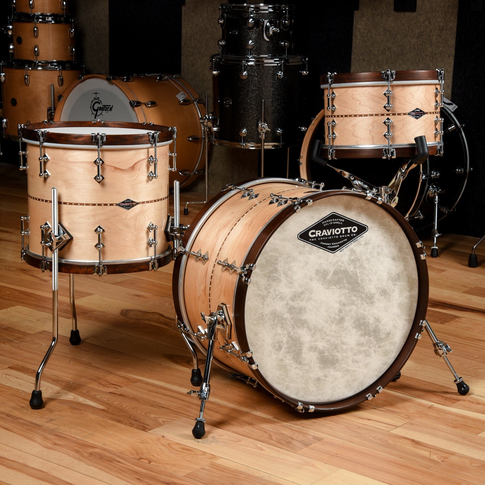 Craviotto 12/14/20 3pc. Solid Maple Super Swing Drum Kit w/Walnut Inlay & Brown Stained Wood Hoops Drums and Percussion / Acoustic Drums / Full Acoustic Kits