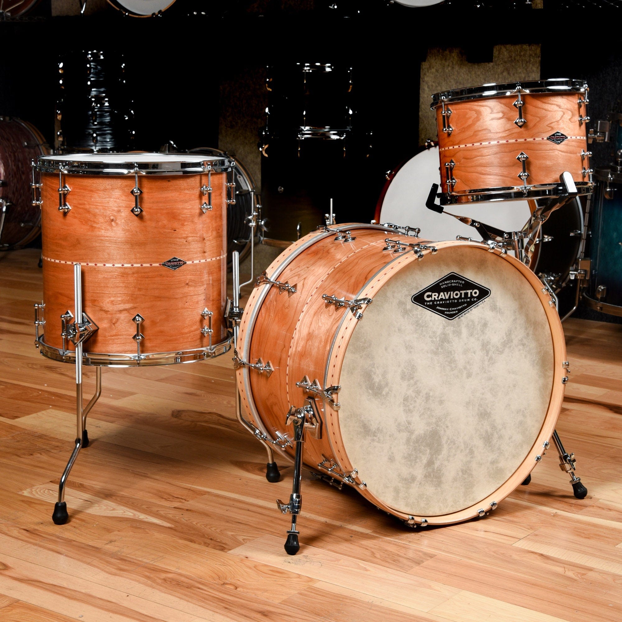 Craviotto 13/16/22 3pc. Solid Cherry Drum Kit w/Red Inlay Natural Satin Drums and Percussion / Acoustic Drums / Full Acoustic Kits