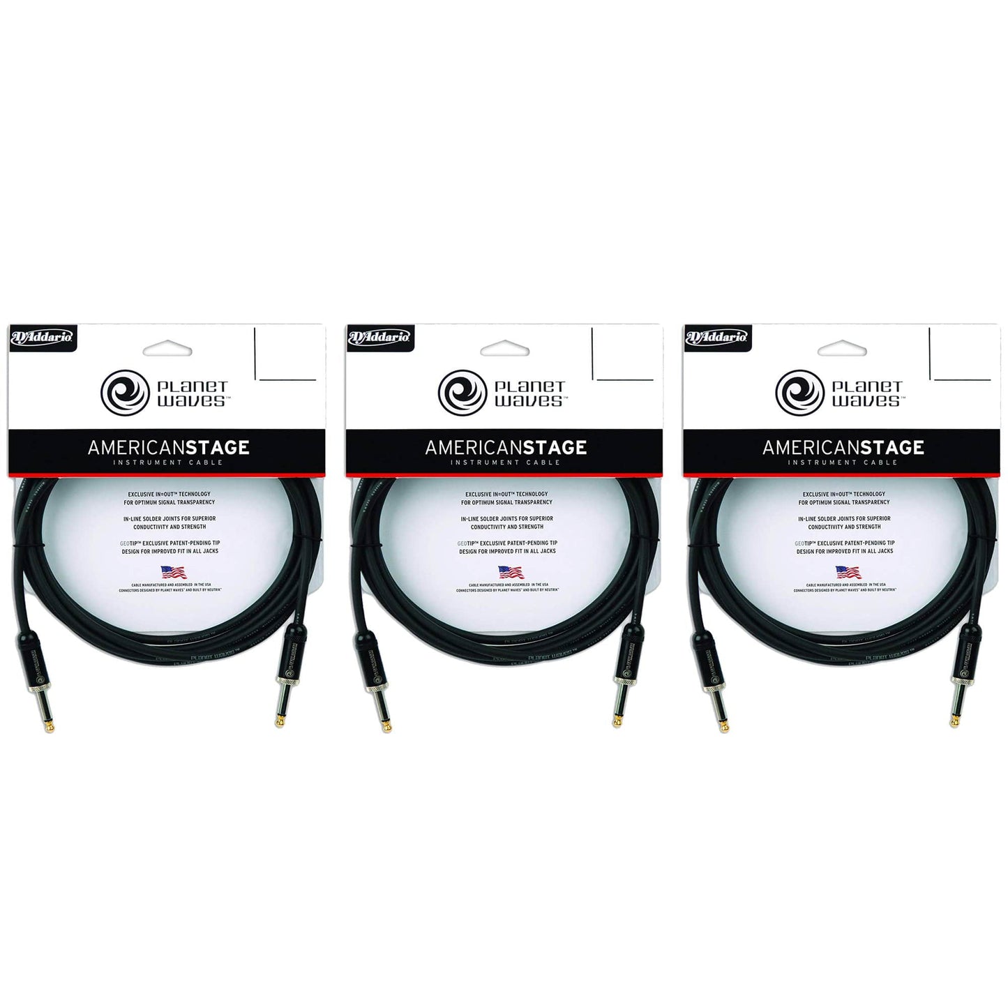 D'Addario American Stage Instrument Cable 15' Straight/Straight 3 Pack Bundle Accessories / Cables