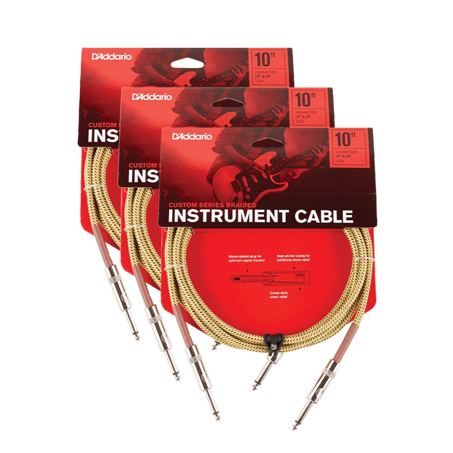 D'Addario Braided Tweed Instrument Cable 10' Straight-Straight 3 Pack Bundle Accessories / Cables