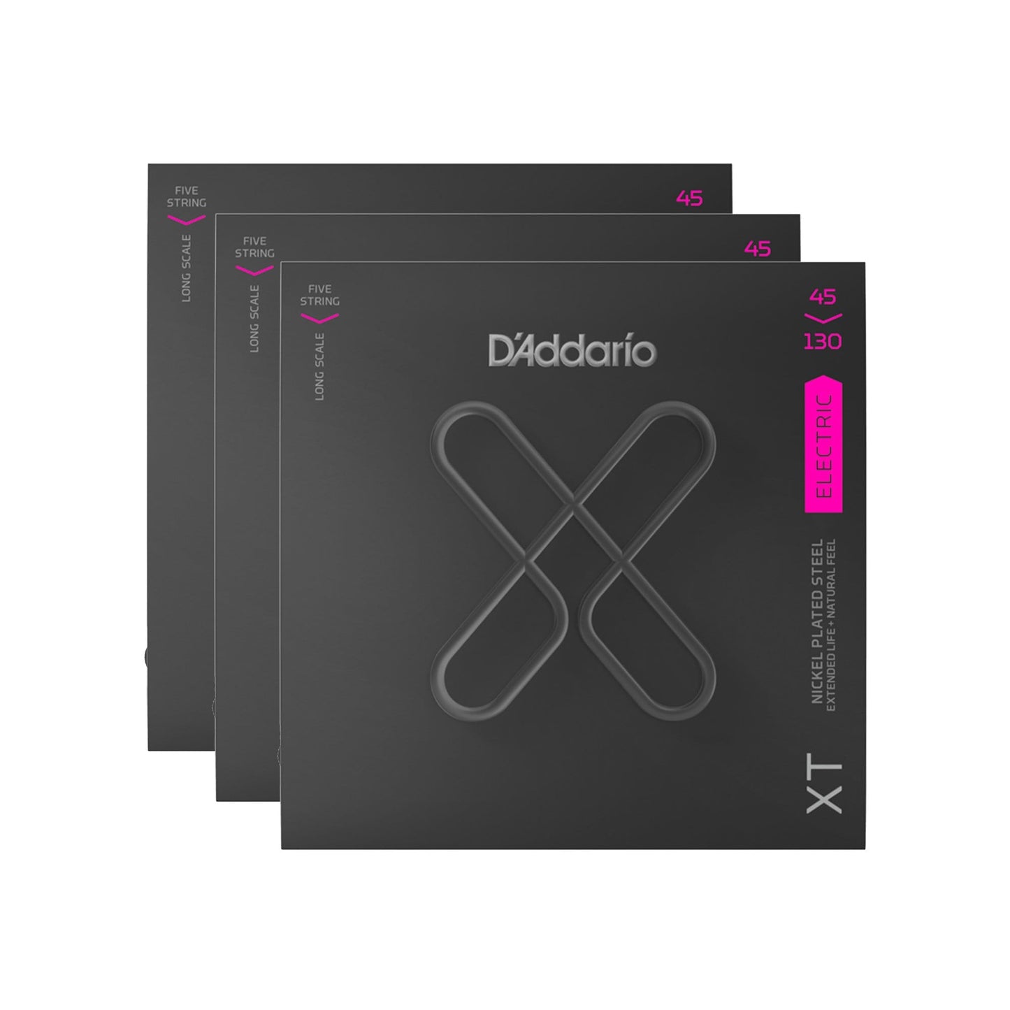 D'Addario XT Nickel Plated Steel Bass Guitar Strings Regular Light 5-String Long Scale 45-130 3 Pack Bundle Accessories / Strings / Bass Strings
