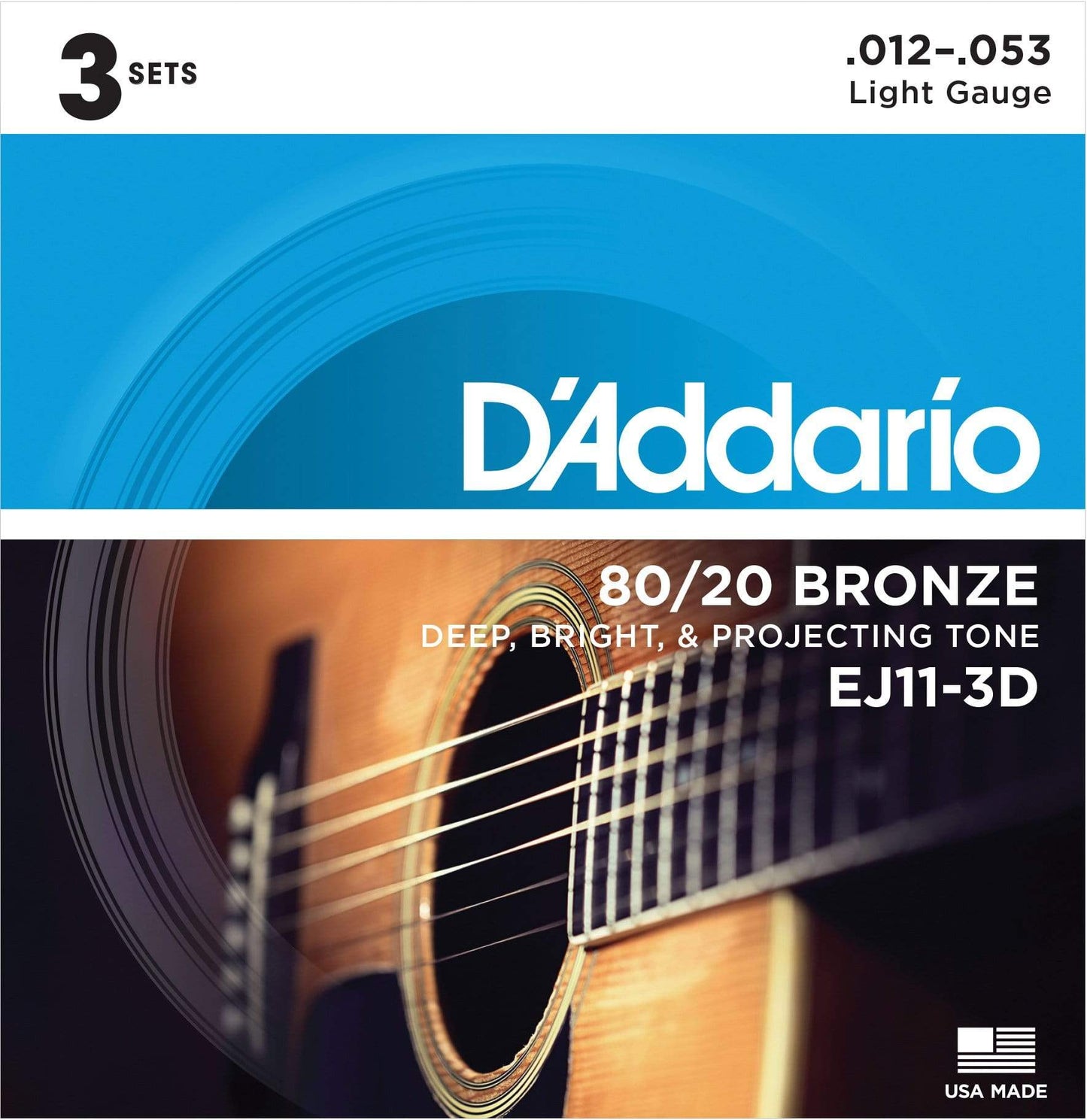 D'Addario EJ11-3D Acoustic Strings 80/20 Bronze 12-53 Light 3-Pack Accessories / Strings / Guitar Strings