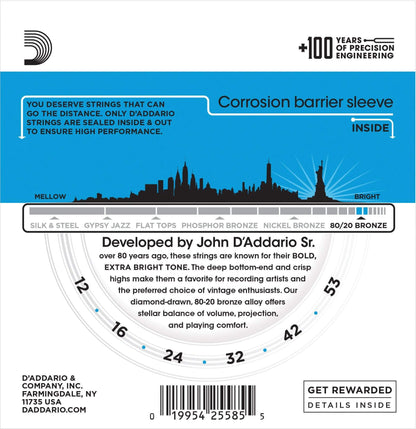 D'Addario EJ11-3D Acoustic Strings 80/20 Bronze 12-53 Light 3-Pack Accessories / Strings / Guitar Strings