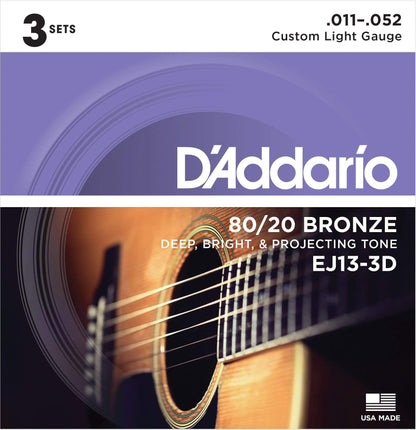 D'Addario EJ13-3D Acoustic Strings 80/20 Bronze 11-52 Custom Light 3-Pack Accessories / Strings / Guitar Strings