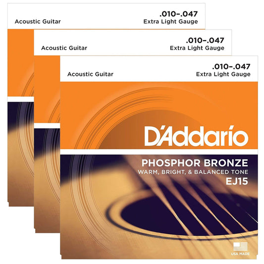 D'Addario EJ15 Acoustic Phosphor Bronze Extra Light 10-47 (3 Pack Bundle) Accessories / Strings / Guitar Strings