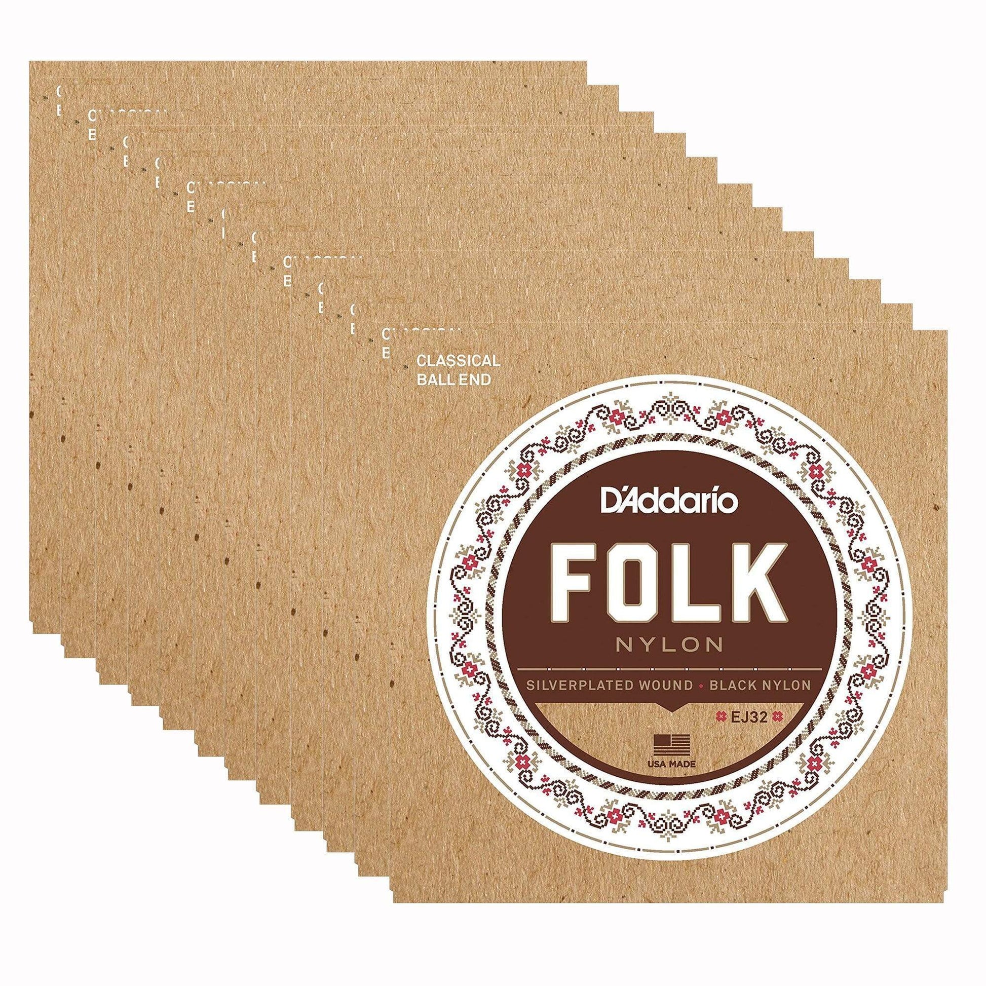 D'Addario EJ32 Folk Nylon Ball End Silver Wound Black Nylon Trebles 12 Pack Bundle Accessories / Strings / Guitar Strings