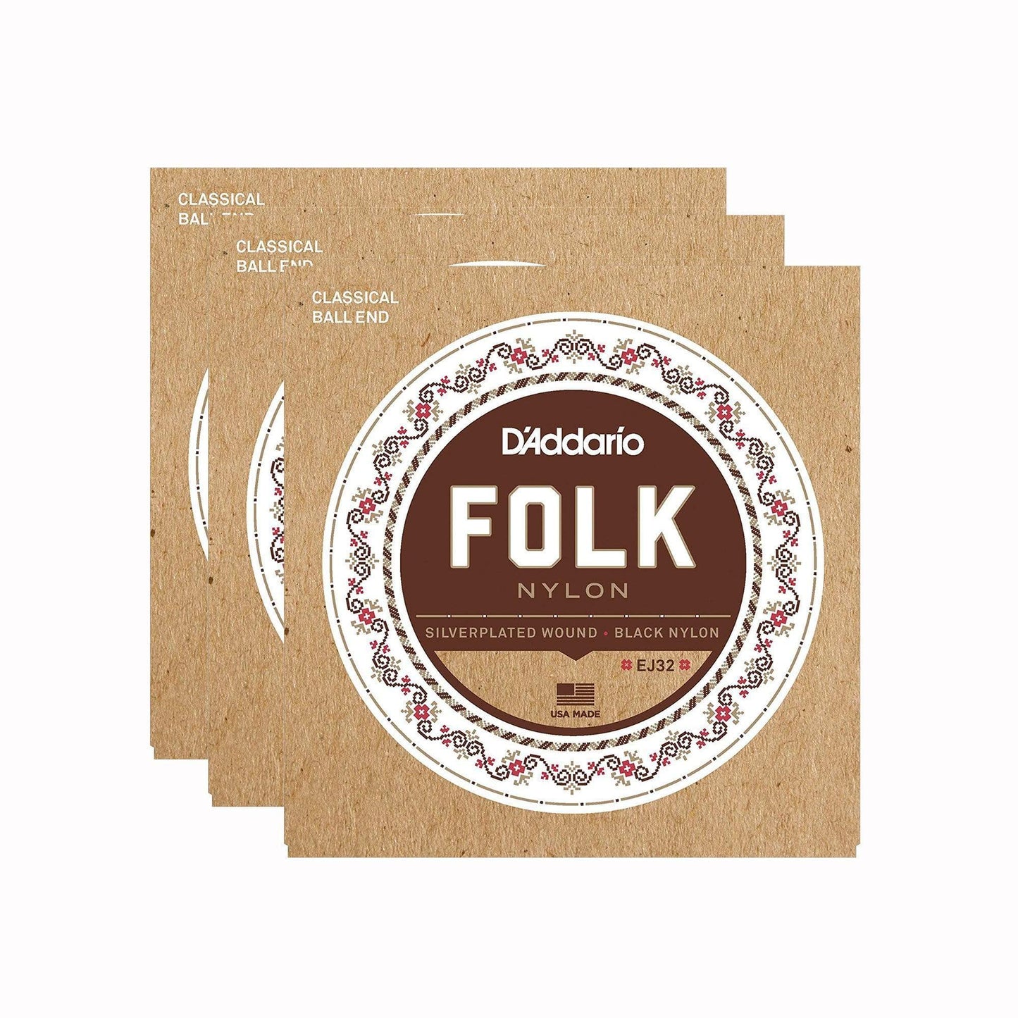 D'Addario EJ32 Folk Nylon Ball End Silver Wound Black Nylon Trebles 3 Pack Bundle Accessories / Strings / Guitar Strings