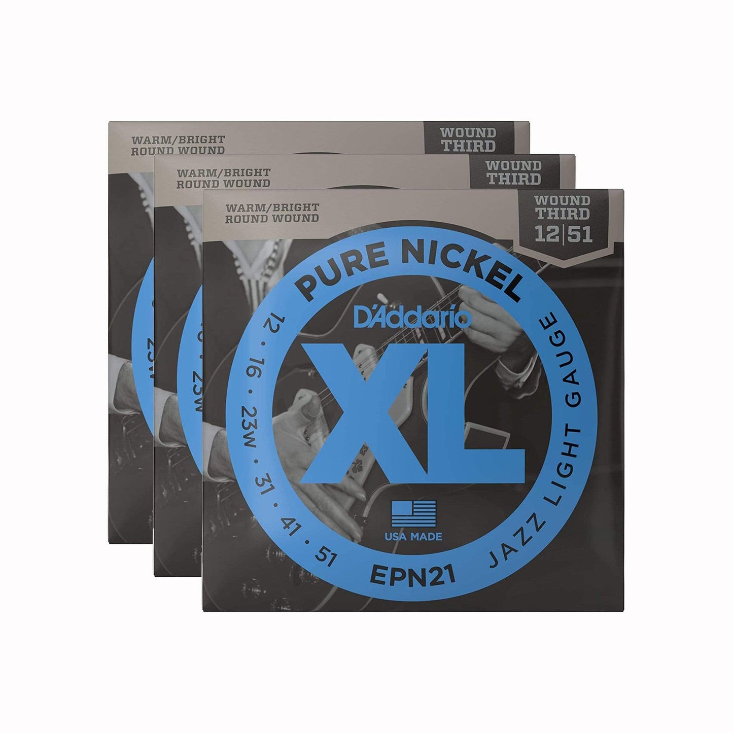 D'Addario EPN21 Pure Nickel Electric 12-52 Jazz Light 3 Pack Bundle Accessories / Strings / Guitar Strings