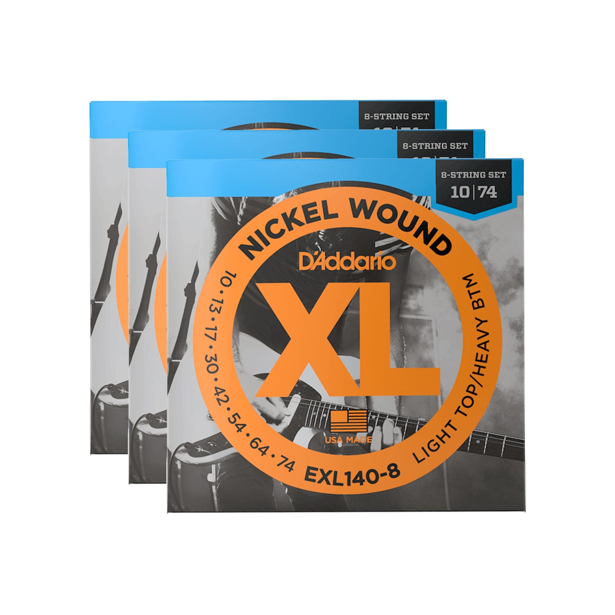 D'Addario EXL140-8 Nickel Light Top/Heavy Bottom 8-String Set 10-74 3 Pack Bundle Accessories / Strings / Guitar Strings
