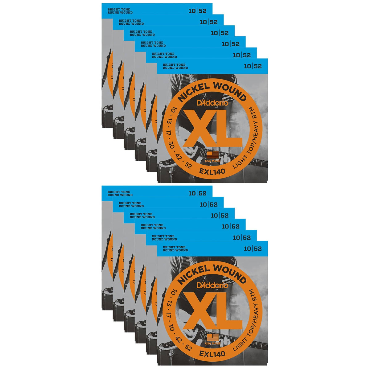 D'Addario EXL140 Electric Light Top/Heavy Bottom 10-52 (12 Pack Bundle ...
