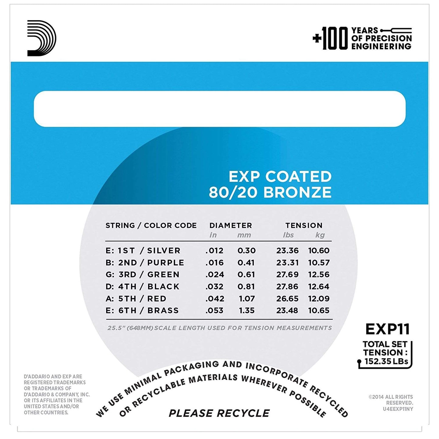 D'Addario EXP11 Coated 80/20 Bronze Light 12-53 Accessories / Strings / Guitar Strings