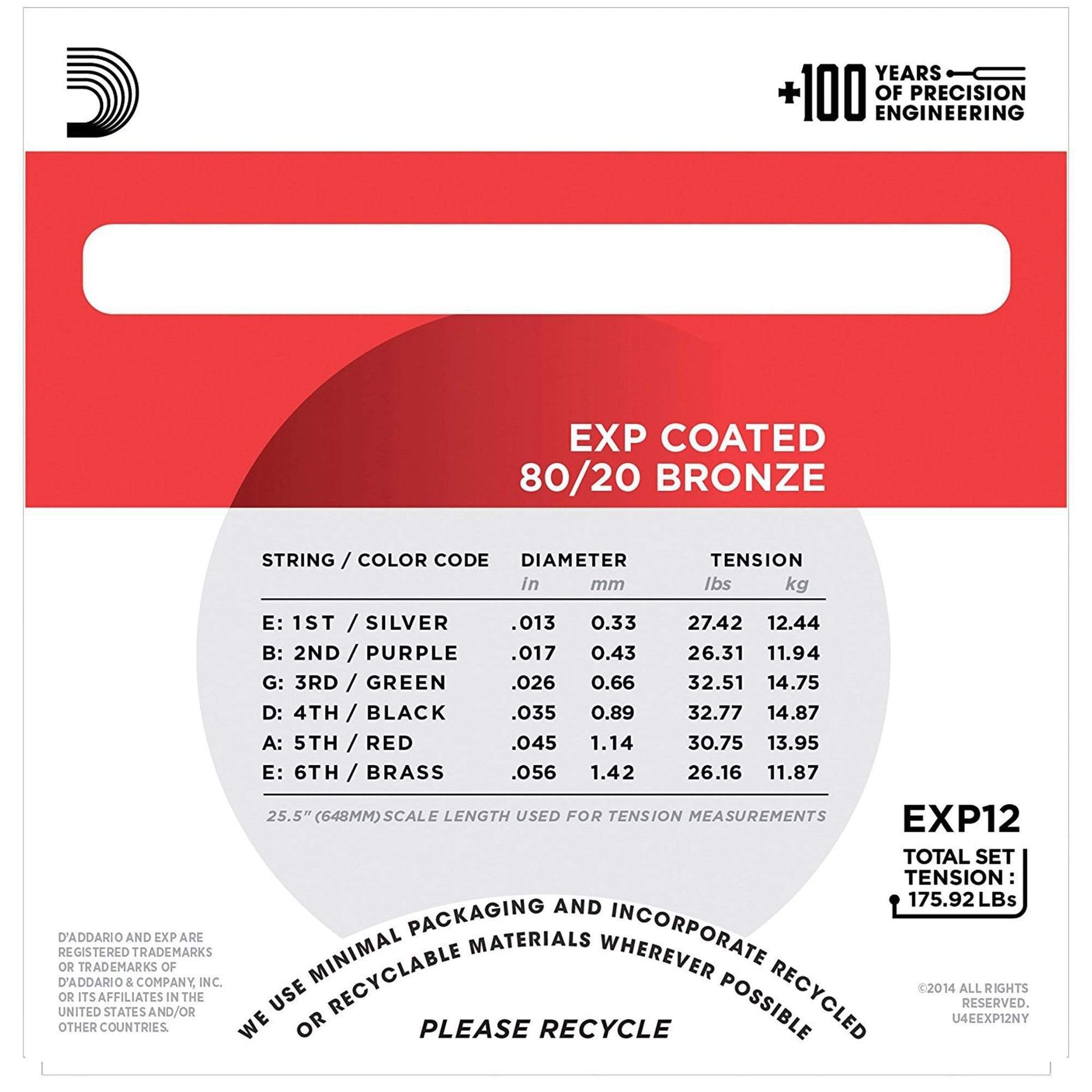 D'Addario EXP12 Acoustic Coated 80/20 Bronze Medium 13-56 Accessories / Strings / Guitar Strings